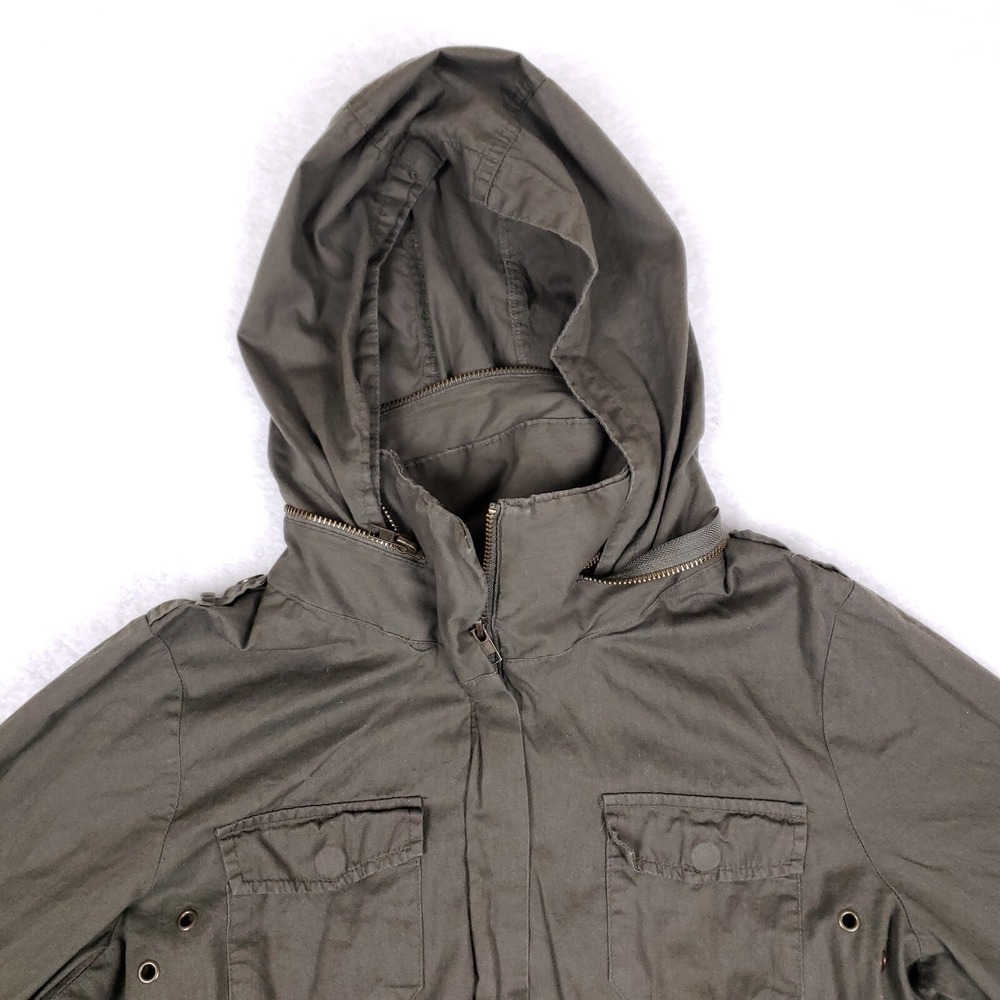 Iris Utility Jacket Hooded Cinched Waist M Olive Green Fall Layering Chore Coat - Picture 2 of 9